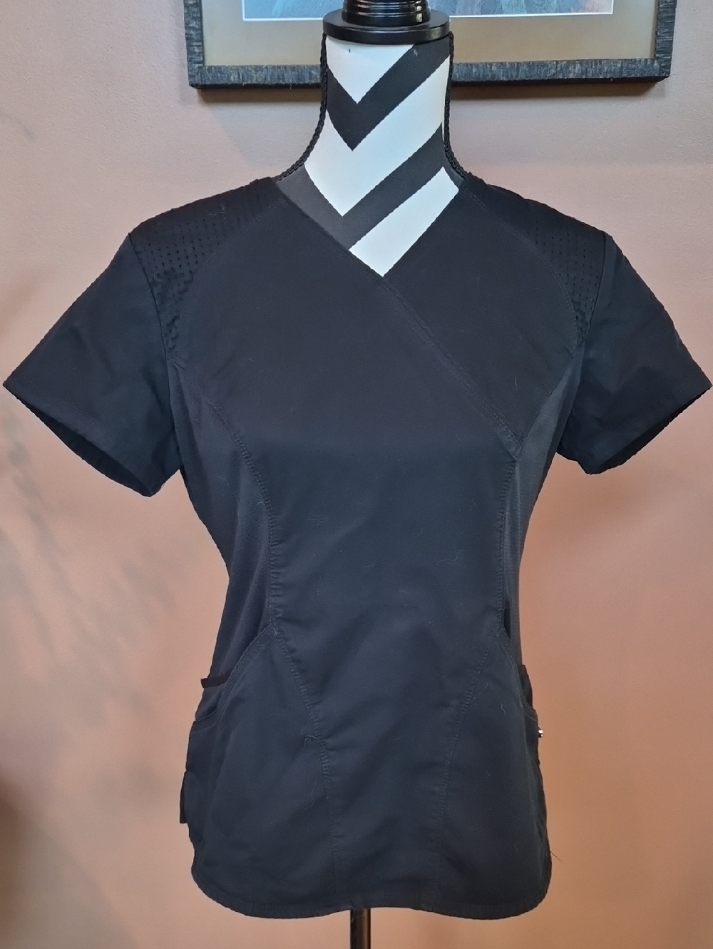Women’s Black Scrub Top with V-Neck Wrap Detail